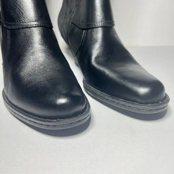 Born Pearl Black Leather Boots Heels Buckle Cone Heel Mid Calf Zip Boho Size 9.5