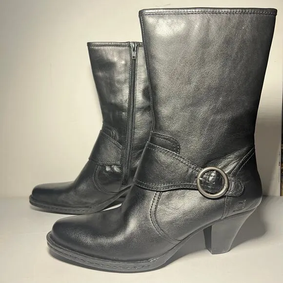 Born Pearl Black Leather Boots Heels Buckle Cone Heel Mid Calf Zip Boho Size 9.5