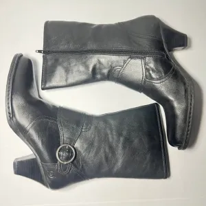 Born Pearl Black Leather Boots Heels Buckle Cone Heel Mid Calf Zip Boho Size 9.5