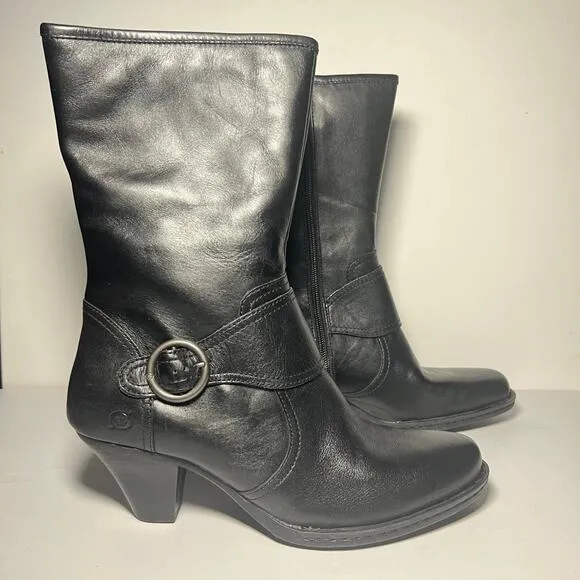 Born Pearl Black Leather Boots Heels Buckle Cone Heel Mid Calf Zip Boho Size 9.5