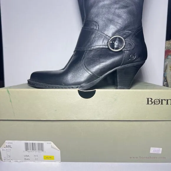 Born Pearl Black Leather Boots Heels Buckle Cone Heel Mid Calf Zip Boho Size 9.5