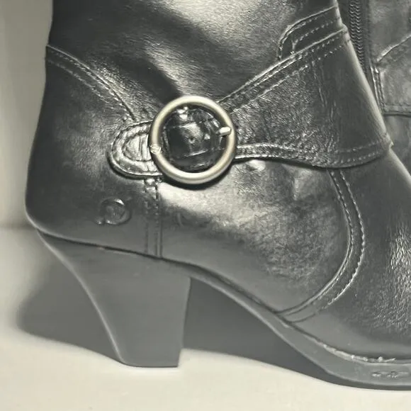 Born Pearl Black Leather Boots Heels Buckle Cone Heel Mid Calf Zip Boho Size 9.5