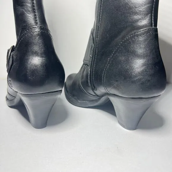 Born Pearl Black Leather Boots Heels Buckle Cone Heel Mid Calf Zip Boho Size 9.5