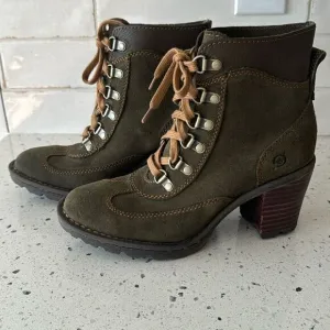 BORN Ronnie Women’s Olive Green Suede Leather Block Heel Lace Up Boots Size 6.5