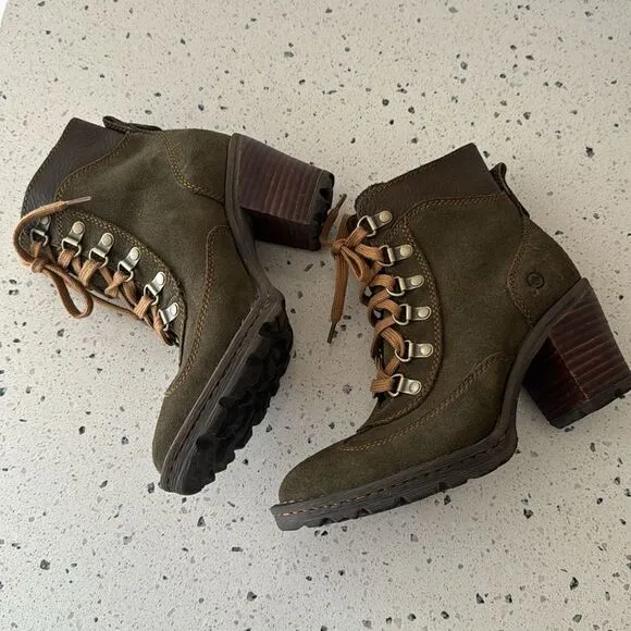 BORN Ronnie Women’s Olive Green Suede Leather Block Heel Lace Up Boots Size 6.5