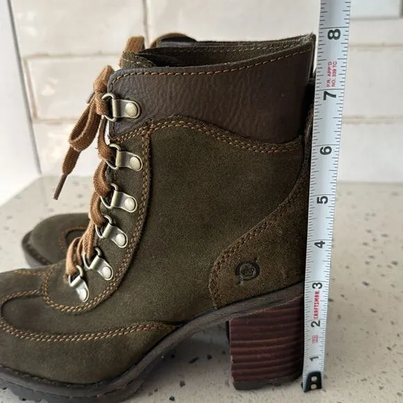 BORN Ronnie Women’s Olive Green Suede Leather Block Heel Lace Up Boots Size 6.5