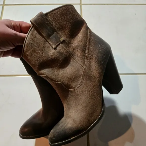 Bronx Leather Boots Booties Size 38 7.5 Short Cowboy Boots Brown Suede Shoes
