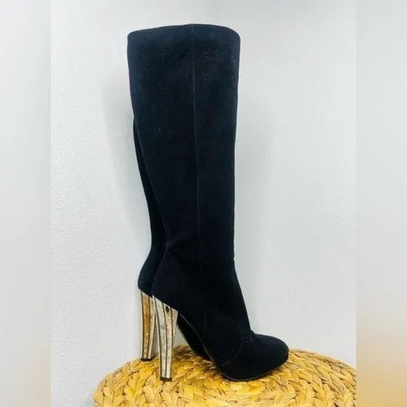 Bruno Magli long boot Suede black Platform tall Boots embellished silver heeled