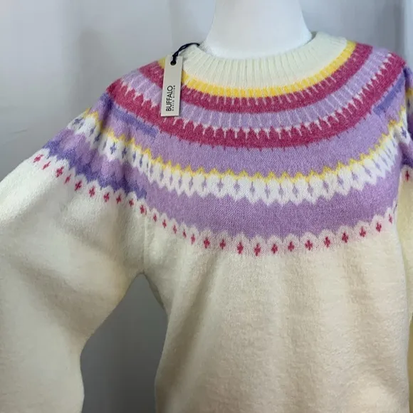 Buffalo David Bitton Womens Knit Cream Fair Isle Sweater- NWT- L