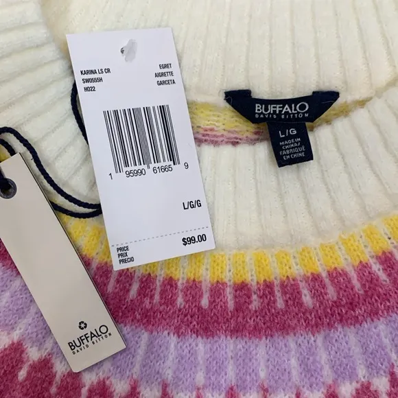 Buffalo David Bitton Womens Knit Cream Fair Isle Sweater- NWT- L