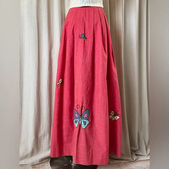Butterfly Maxi Skirt – 70s Straight Skirt  Cotton Embroidered Dream