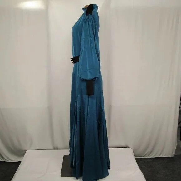 Byrd Women's Camilla Maxi Dress – Size M – Blue – Long Sleeve, High Neck, Belted