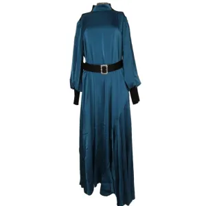 Byrd Women's Camilla Maxi Dress – Size M – Blue – Long Sleeve, High Neck, Belted