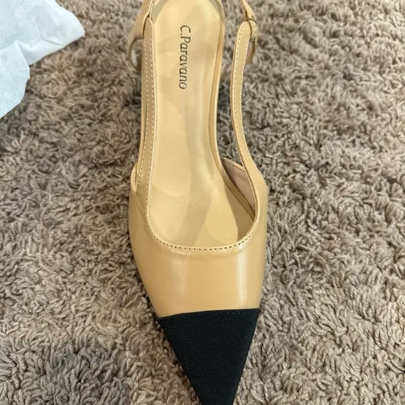 C Paravano Women's Tan and Black Slingback Heels