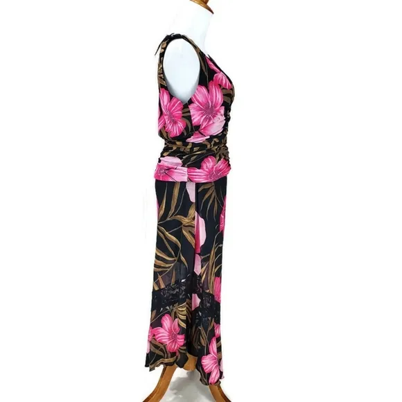 Cache Skirt Set Pink Black Floral 2 Piece Y2K Babydoll Top Asymmetrical Hem NWT