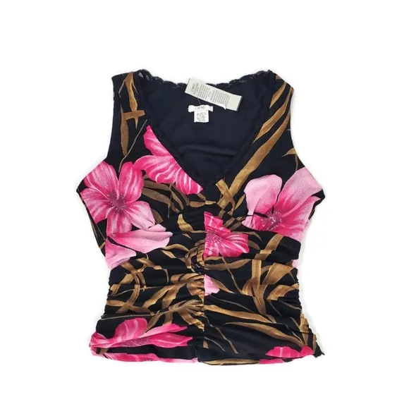 Cache Skirt Set Pink Black Floral 2 Piece Y2K Babydoll Top Asymmetrical Hem NWT