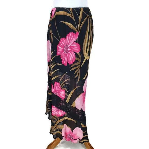 Cache Skirt Set Pink Black Floral 2 Piece Y2K Babydoll Top Asymmetrical Hem NWT