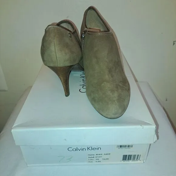 Calvin Klein Ankle Boots Booties 9.5 M‎ Pointed Toe Brown Suede Leather Women’s