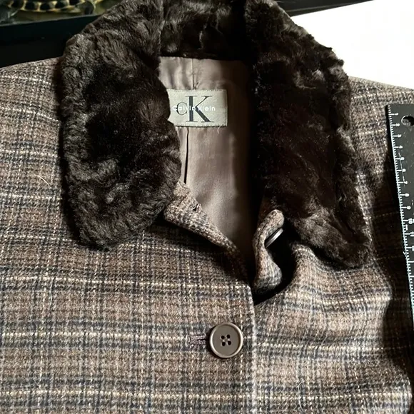 CALVIN KLEIN size 12 brown plaid 2 piece skirt suit wool cashmere blend