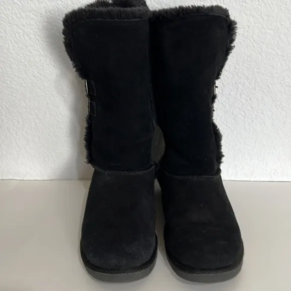 Canyon River Blues Coco Black Leather Tall Double Buckle Boots Faux Fur Lined  7