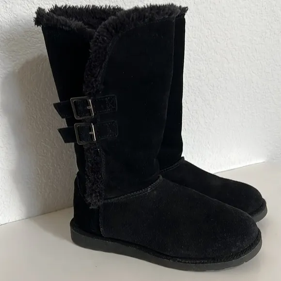 Canyon River Blues Coco Black Leather Tall Double Buckle Boots Faux Fur Lined  7