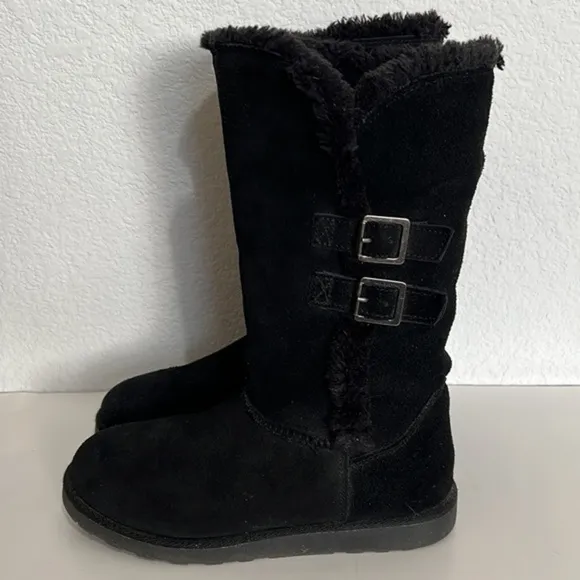 Canyon River Blues Coco Black Leather Tall Double Buckle Boots Faux Fur Lined  7
