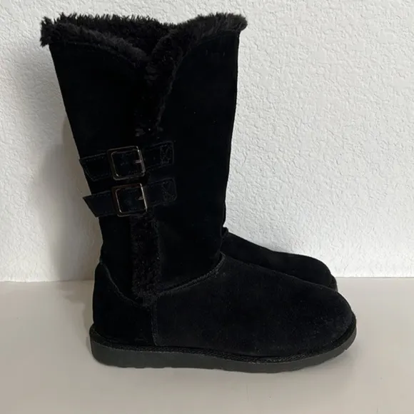 Canyon River Blues Coco Black Leather Tall Double Buckle Boots Faux Fur Lined  7