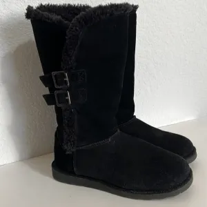Canyon River Blues Coco Black Leather Tall Double Buckle Boots Faux Fur Lined  7