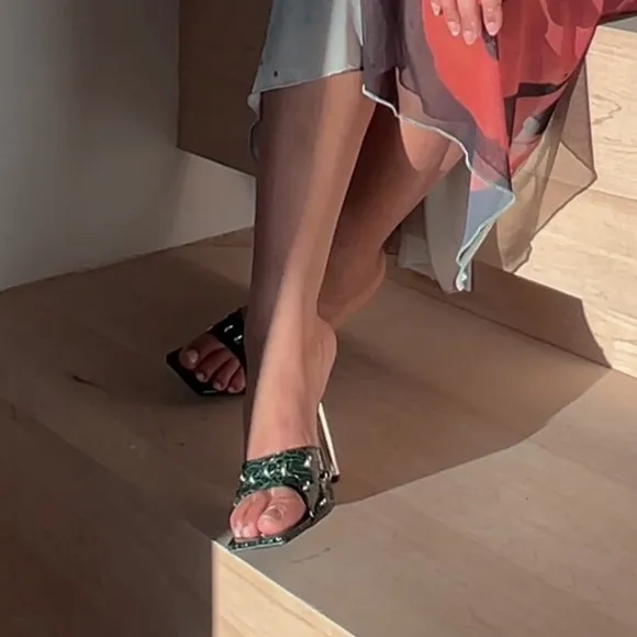 Cape Robbin Tennon Faux Crocodile Square Open Toe Shoes Heels