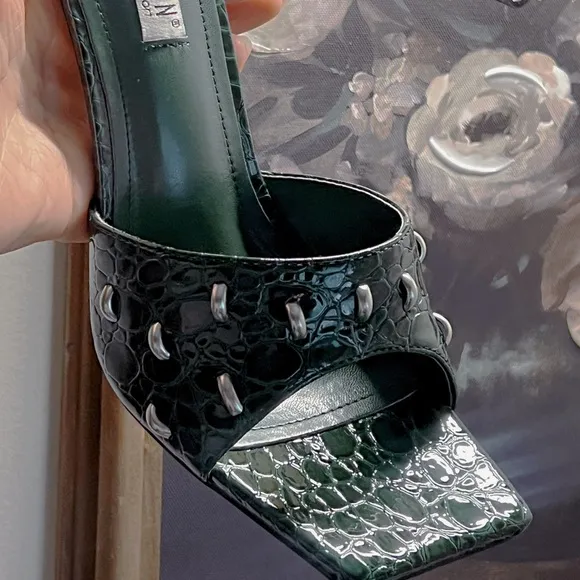 Cape Robbin Tennon Faux Crocodile Square Open Toe Shoes Heels