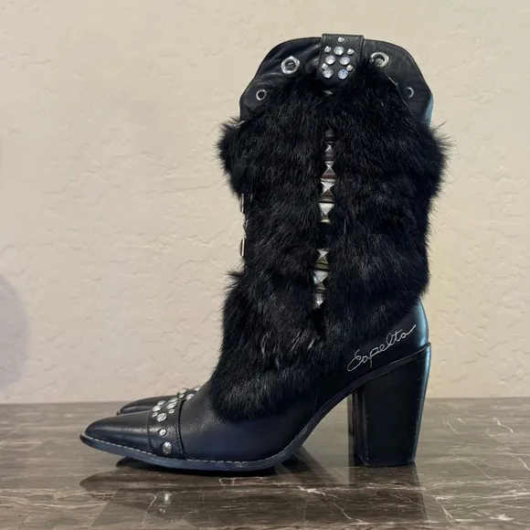 Capelta Rockstar Leather and Fur Rhinestone Studded Cowboy Boots