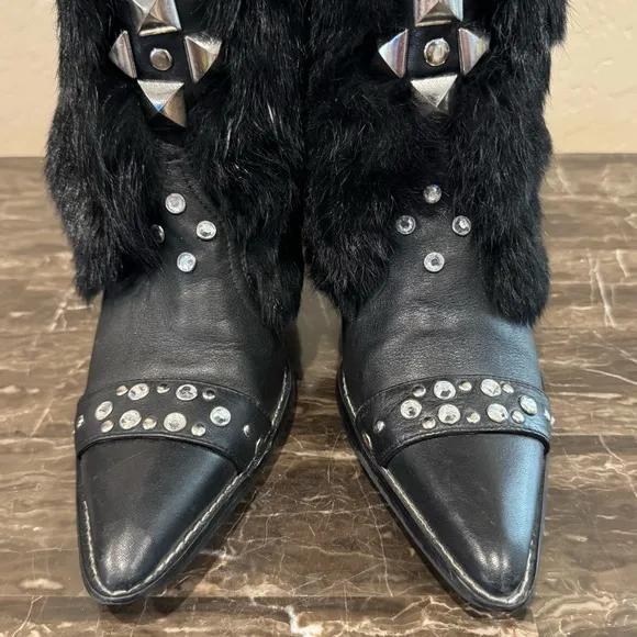 Capelta Rockstar Leather and Fur Rhinestone Studded Cowboy Boots