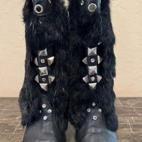 Capelta Rockstar Leather and Fur Rhinestone Studded Cowboy Boots