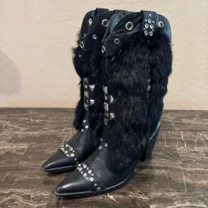 Capelta Rockstar Leather and Fur Rhinestone Studded Cowboy Boots