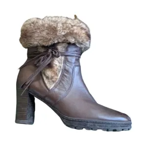 Caprice Women's Leather Faux Fur Heeled Brown Boots - Size 8
