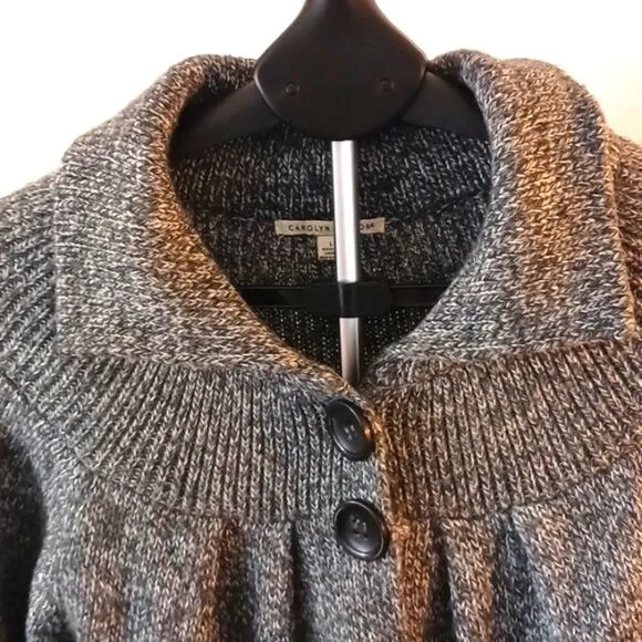 Carolyn Taylor Sweater Knit CARDIGAN Sz L GRAY Boxy Collar w Pockets Buttons