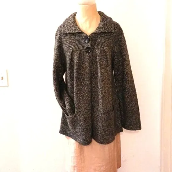 Carolyn Taylor Sweater Knit CARDIGAN Sz L GRAY Boxy Collar w Pockets Buttons