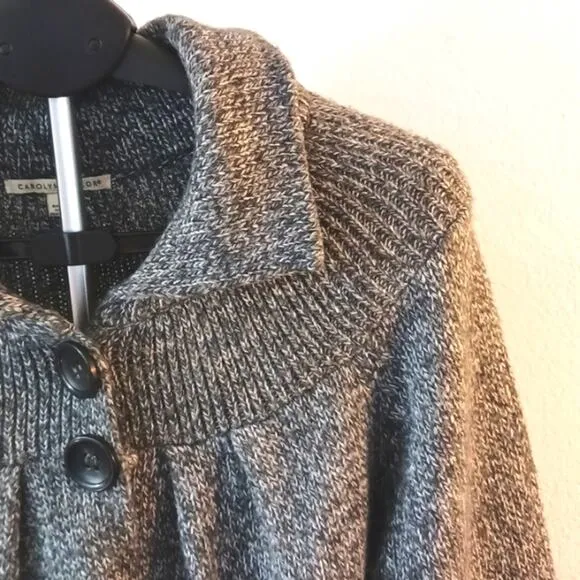 Carolyn Taylor Sweater Knit CARDIGAN Sz L GRAY Boxy Collar w Pockets Buttons