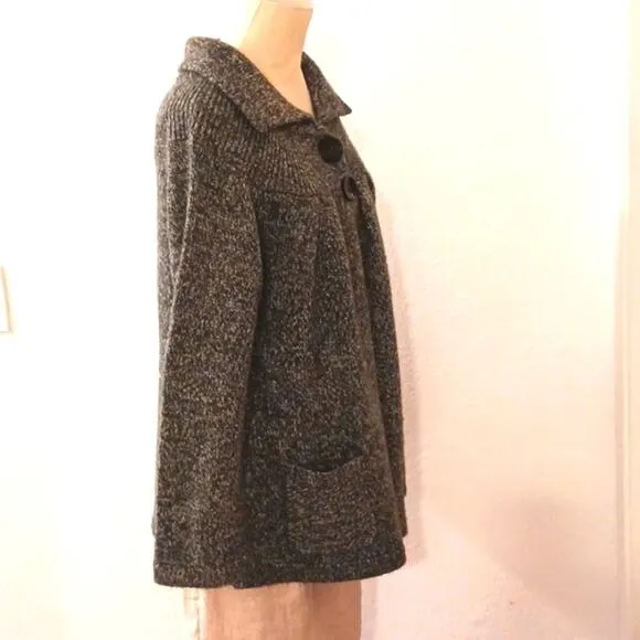 Carolyn Taylor Sweater Knit CARDIGAN Sz L GRAY Boxy Collar w Pockets Buttons