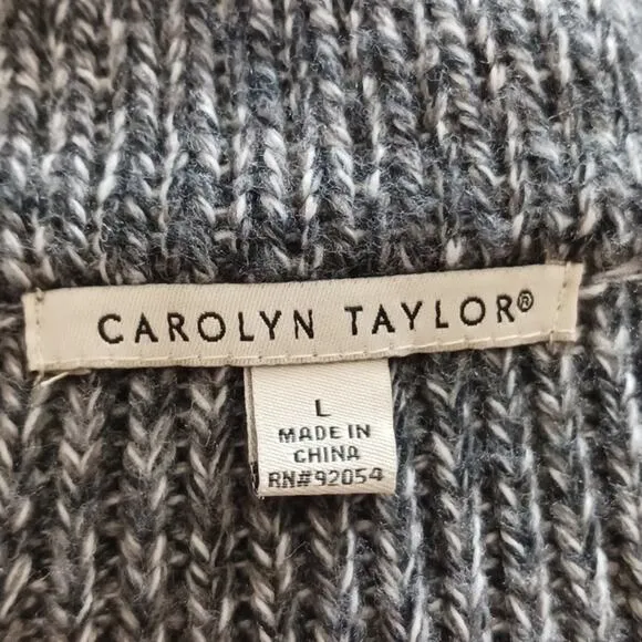 Carolyn Taylor Sweater Knit CARDIGAN Sz L GRAY Boxy Collar w Pockets Buttons