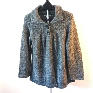 Carolyn Taylor Sweater Knit CARDIGAN Sz L GRAY Boxy Collar w Pockets Buttons