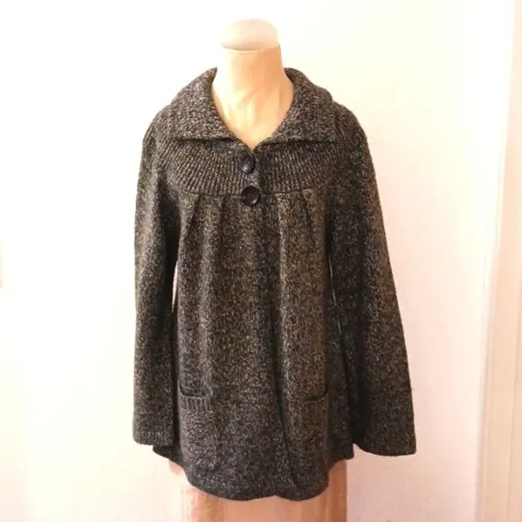 Carolyn Taylor Sweater Knit CARDIGAN Sz L GRAY Boxy Collar w Pockets Buttons