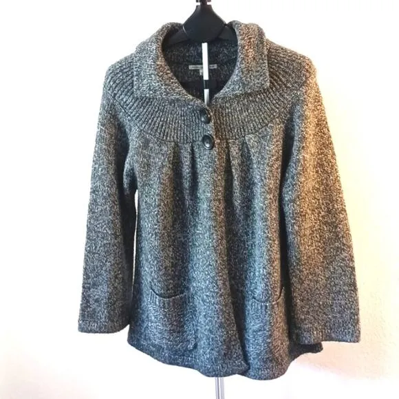 Carolyn Taylor Sweater Knit CARDIGAN Sz L GRAY Boxy Collar w Pockets Buttons