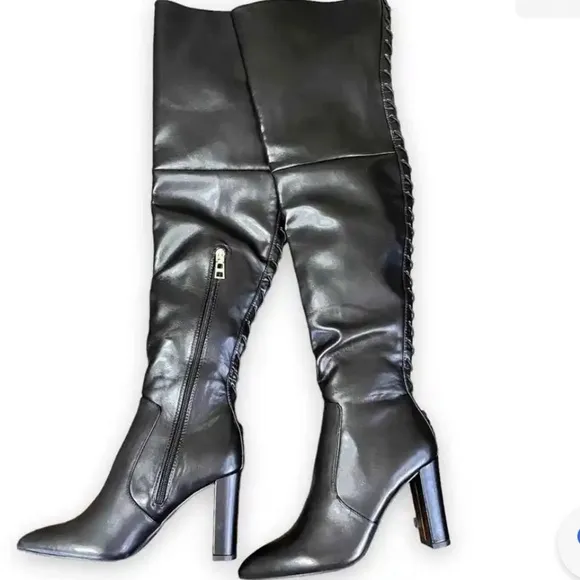 Carvela NWT Over The Knee Back Lace-Up Detail Black Faux Leather Heeled Boots