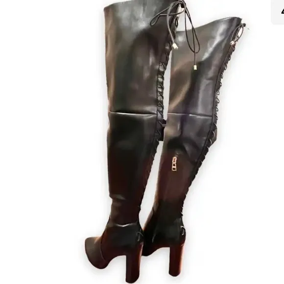 Carvela NWT Over The Knee Back Lace-Up Detail Black Faux Leather Heeled Boots
