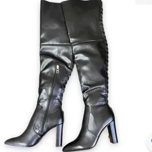 Carvela NWT Over The Knee Back Lace-Up Detail Black Faux Leather Heeled Boots