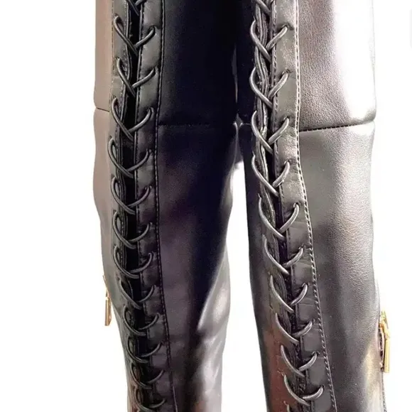 Carvela NWT Over The Knee Back Lace-Up Detail Black Faux Leather Heeled Boots