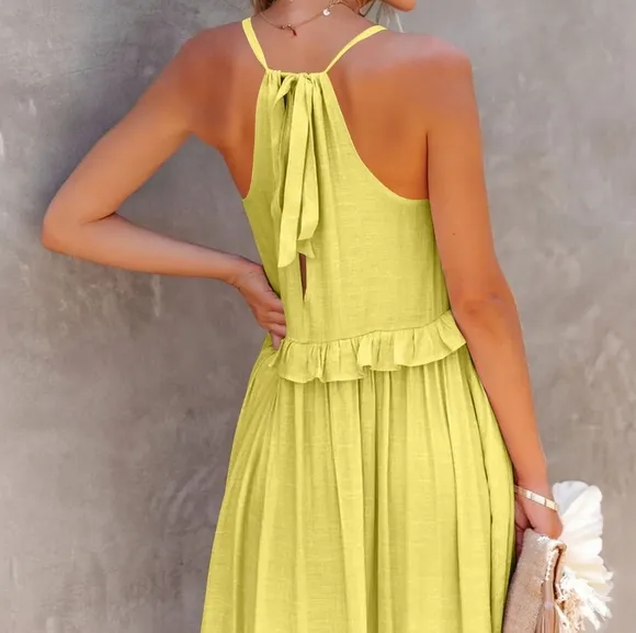 Chartreuse Ruffled Sleeveless Tiered Maxi Dress with Pockets