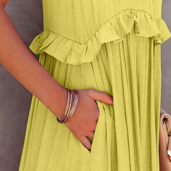 Chartreuse Ruffled Sleeveless Tiered Maxi Dress with Pockets