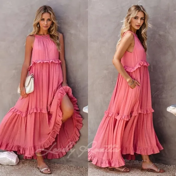 Chartreuse Ruffled Sleeveless Tiered Maxi Dress with Pockets
